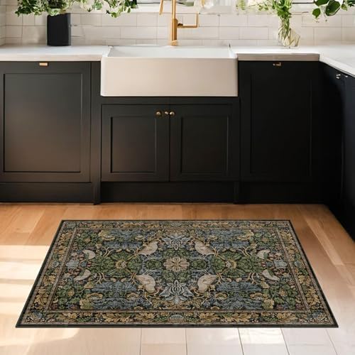 Hazo Haus Washable Dark Vintage Floral Rugs for Entryway - Small 2x3 Washable Rug for Kitchen Bathroom Door Mat Indoor Entrance with Bird & Botanical Pattern, Brown Earthy Tones, Non Slip Low Pile