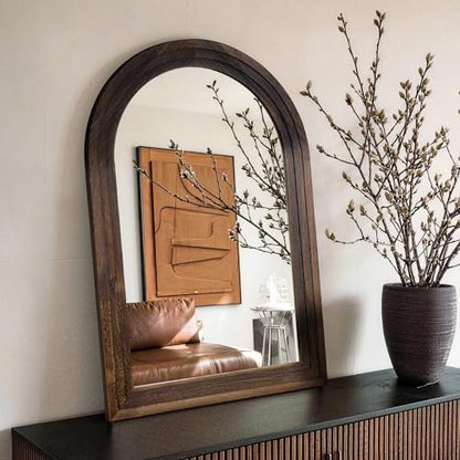 Arched Bathroom Mirror, 36"x24" Brown Wood Frame Wall Mirror