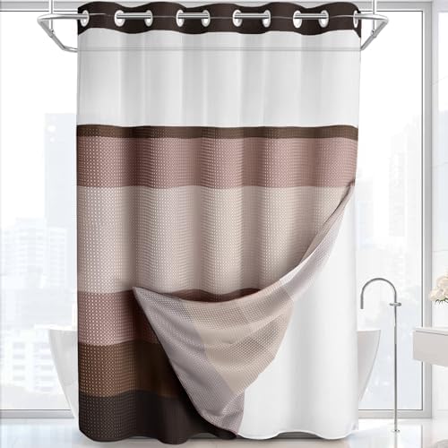 No Hook Shower Curtain with Liner Set Hotel Waffle Brown Striped 72W X 75L