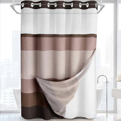 No Hook Shower Curtain with Liner Set Hotel Waffle Brown Striped 72W X 75L