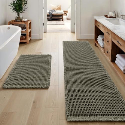 MIULEE Set of 2 Waffle Bathroom Rugs Boho Bath Mat Green 17"x24"+17"x48"