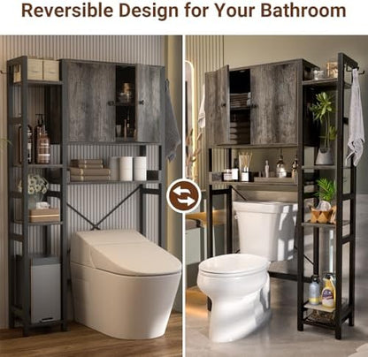 Over The Toilet Storage Cabinet with Doors - 7 Tier Bathroom Organizer with Adjustable Shelf, Freestanding Space Saver Rack Above Toilet Stand with 4 Hooks for Bathroom, Restroom, Laundry, Grey Oak