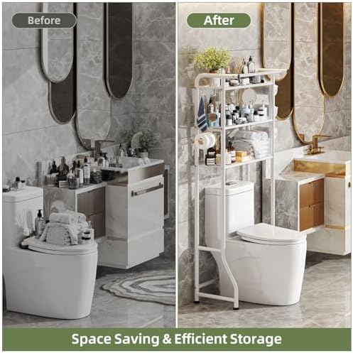 Simple Trending 3 Tier Over The Toilet Storage Rack, Metal Bathroom Shelf, Bathroom Stand Organizer Space Saver with Paper Holder and Hooks, White