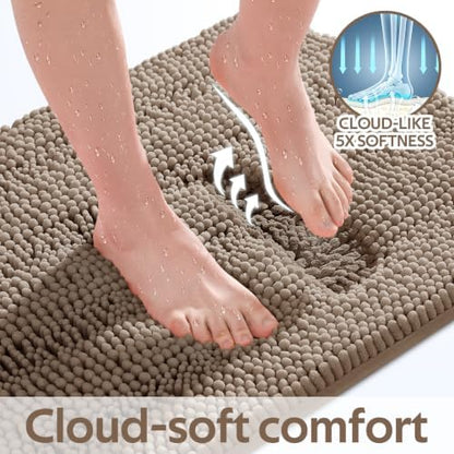 ACCUMTEK Striped Ultra Soft Bathroom Rugs and Mats Set 3 Pieces Bath Mat Set Dark Beige, Thick Chenille Bath Rugs Non Slip Bath Mats for Bathroom, Kitchen