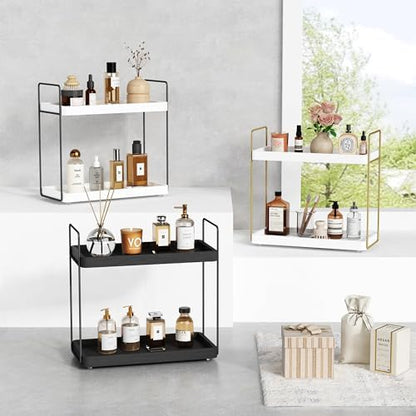 Forbena White Bathroom Organizer Countertop, Kitchen Counter Shelf Organizer for Coffee Bar Station, Makeup Vanity Organizers and Storage, Tiered Sink Tray for Perfurm Skincare (White and Grey)