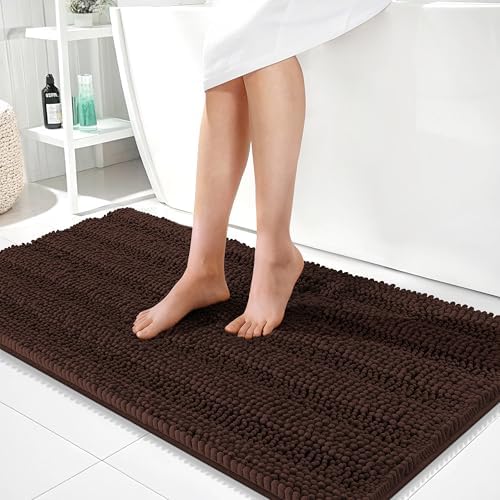 OLANLY Thick Bathroom Runner Rugs 44x24, Soft Chenille Bath Rugs, Brown