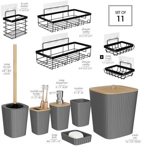 Clara Clark Bathroom Set - Grey Bathroom Accessories Set, 6PC Bathroom Accessory Set, Bathroom Sets with Adhesive Corner Shower Caddy Hanging, Toilet Brush, Trash Can & Soap Dispenser