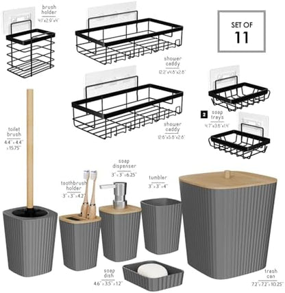 Clara Clark Bathroom Set - Grey Bathroom Accessories Set, 6PC Bathroom Accessory Set, Bathroom Sets with Adhesive Corner Shower Caddy Hanging, Toilet Brush, Trash Can & Soap Dispenser