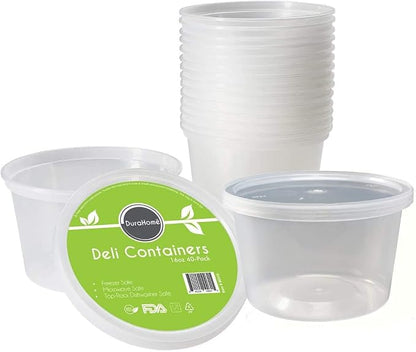 DuraHome - Deli Containers with Lids Leakproof - 40 Pack BPA-Free Plastic Microwaveable Clear Food Storage Container Premium Heavy-Duty Quality, Freezer & Dishwasher Safe (16 oz.)