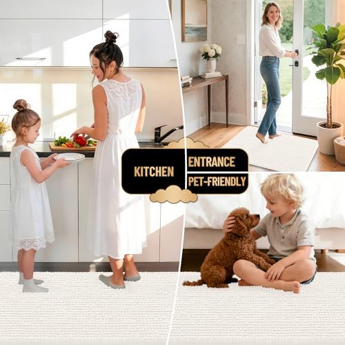 OLANLY Thick Chenille Bathroom Runner Rugs 47x20, Absorbent Bath Mat, Ivory