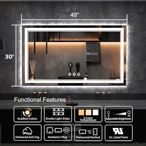 LED Vanity Mirror, 48x30 Inch Gradient Front and Backlit LED Mirror for Bathroom, 3 Colors Dimmable CRI>90 Double Lights, IP54 Enhanced Anti-Fog, Hanging Plates Wall Mount Lighted Mirror