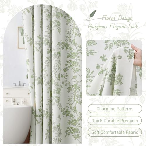 Sage Green Floral Shower Curtain,Vintage Cotton Cottagecore Shower Curtains for Bathroom, 72" W x 78" L