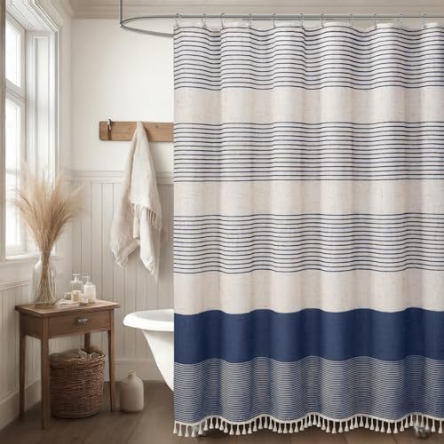 Navy Blue Coastal Ocean Linen Striped Shower Curtain with Tassel 72W X 78L