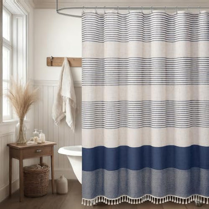Navy Blue Coastal Ocean Linen Striped Shower Curtain with Tassel 72W X 78L