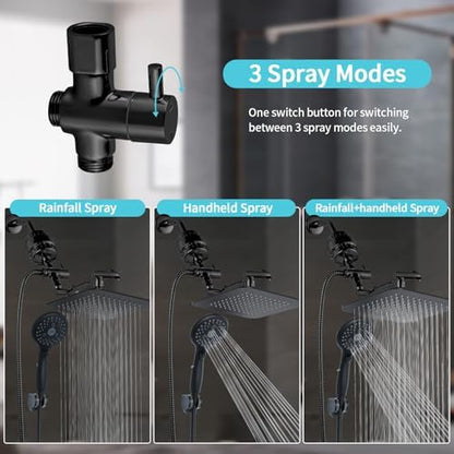 10'' Dual 20 Stage Filtered Shower Head with Handheld, 6 Spray Settings Handheld Shower Head High Pressure Rainfall Filter Combo with 12'' Adjustable Extension Arm, 71'' Shower Hose (Matte Black)