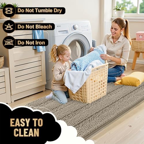 OLANLY Thick Bathroom Rugs 30x20, Chenille Striped Bath Rugs, Warm Taupe