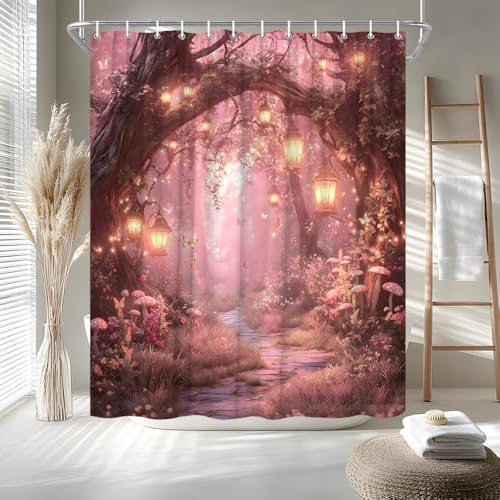 Fantasy Forest Path Shower Curtain Pink Fairy Magical Enchanted Misty Jungle Mushroom Floral Tree Butterfly Lantern Wonderland Bath Curtain Fabric Bathroom Accessories Decor with Hooks 80W x70L