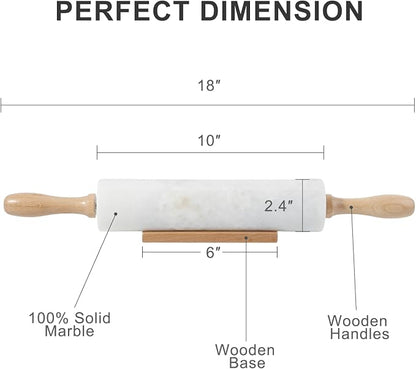 Koville White Marble Rolling Pin With Wooden Handles & Wood Cradle, 18 Inch Polished Marble Rolling Pins For Making Pizza Dough, Dough Roller For Pie Crust, Cookie, Pasta, Ergonomic Handles