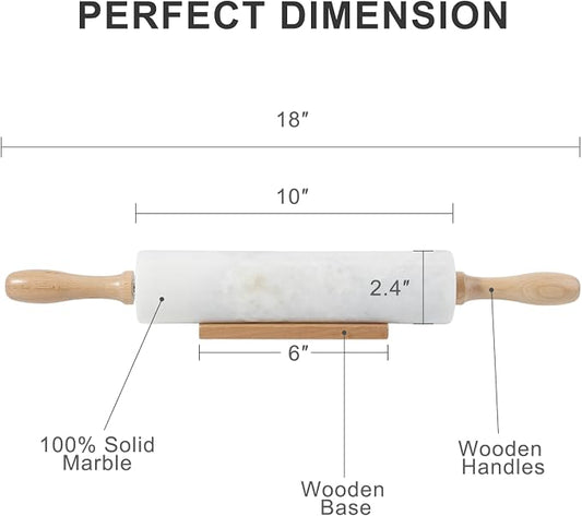 Koville White Marble Rolling Pin With Wooden Handles & Wood Cradle, 18 Inch Polished Marble Rolling Pins For Making Pizza Dough, Dough Roller For Pie Crust, Cookie, Pasta, Ergonomic Handles