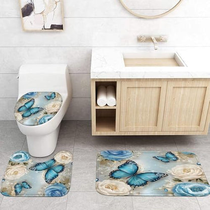 Chrainy 4pcs Rose Butterflies Shower Cutain Set Bathroom Decor with Rugs