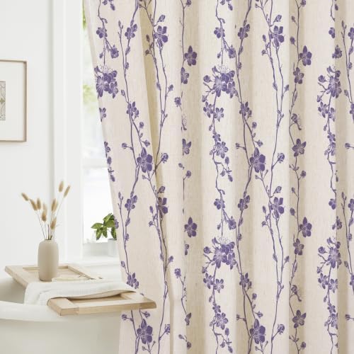 Gibelle Purple Farmhouse Linen Shower Curtain, Boho Floral Fabric, 72 x 72
