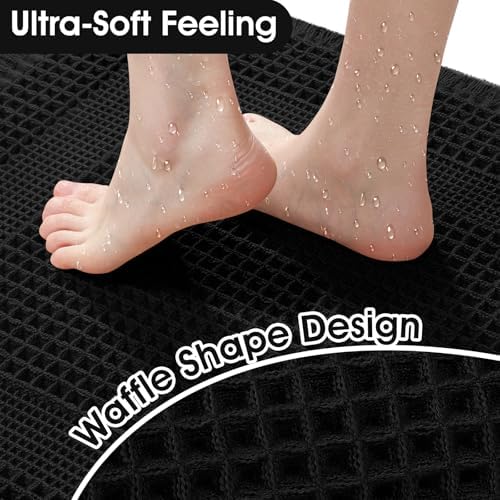 Upgraded Waffle Bath Mat Set 2 Piece Black-Looped, Super Absorbent Non-Slip Quick Dry Bathroom Rugs with Tassels, Machine Washable Ultra Soft Boho Bath Rugs for Floor, Toilet Mats Boho Farmhouse Decor