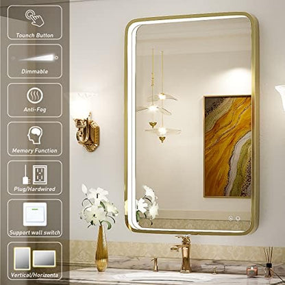 LED 36x24 Inch Lighted Bathroom Mirror,Gold Frame,3 Color