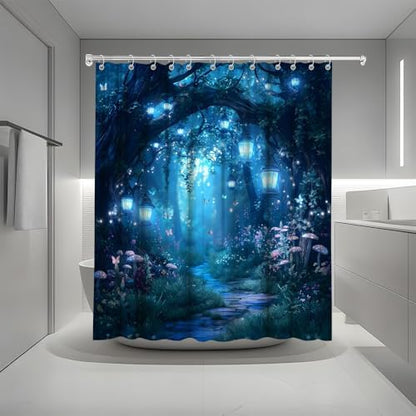 Fantasy Forest Path Shower Curtain Blue Fairy Magical Enchanted Misty Jungle Mushroom Floral Tree Butterfly Lantern Wonderland Bath Curtain Fabric Bathroom Accessories Decor with Hooks 60W x70L