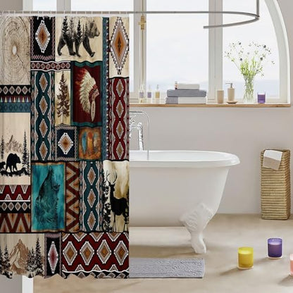 Rustic Cabin Shower Curtain Western Boho Bath Curtain Country Retro Aztec Southwest Native Bathroom Accessories Farmhouse Wildlife Camping Waterproof Polyester Fabric for Stalls Bathtubs 72"x78"