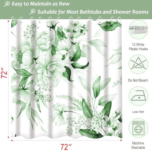 Floral Flower Green Shower Curtain with 12 Hooks,120GSM 72x72