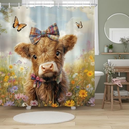 Cow Shower Curtain, Farmhouse Rustic Floral Funny Cute Highland Cow Shower Curtains, Western Cattle Bull Animal Wildflower Country Farm Animal Bathroom Decor, Surreal Bathroom Curtain, 70x84 inch
