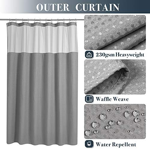 N&Y HOME Long Waffle Weave Shower Curtain with Snap-in Liner 71x78, Gray