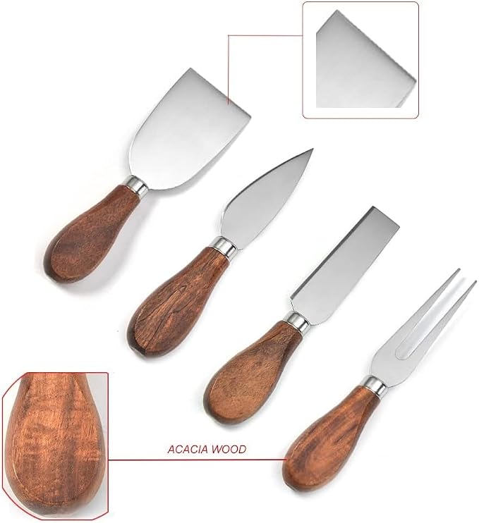 Premium Stainless Steel Cheese Tool Set - Cheese Knife Set - Cut, Spread All Your Favorite Cheeses (4 Acacia Cheese Set)