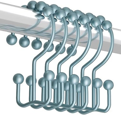 Titanker Shower Curtain Hooks Rings, Rust-Resistant Metal Double Glide Shower Hooks for Bathroom Shower Rods Curtains, Set of 12 Hooks - Lightcyan