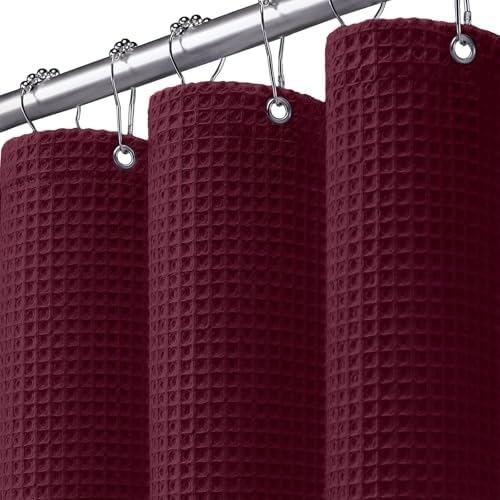 Waffle Weave Shower Curtain Heavyweight Cotton Fabric Burgundy 72Wx72L