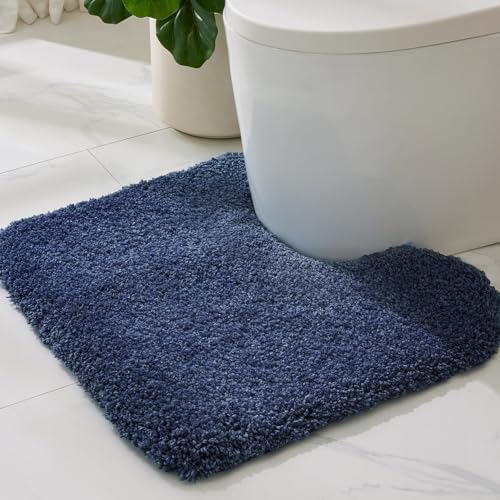 ILANGO Navy Blue Toilet Rugs U Shaped 22" × 24" Non Slip & Super Absorbent Extra Thick Soft, Washable Bath Mats for Bathroom Floor, Microfiber Plush Shaggy Contour Bath Rugs for Toilet,Dry Quick