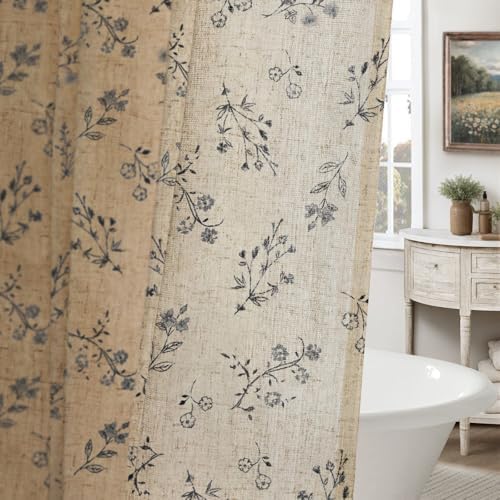 Black Floral Farmhouse Vintage Linen Shower Curtain French Country 72Wx84H