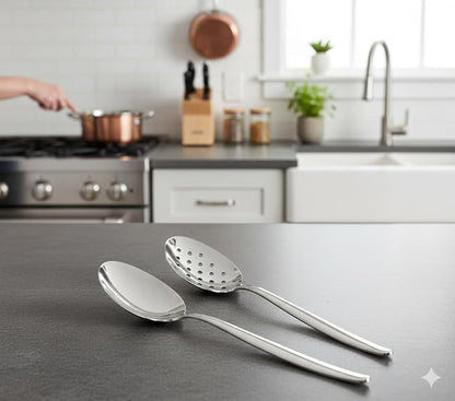 2 Pack 8 inch Kunz Small Regular and Perforated Sauce Spoon Set | 18/10 Stainless Steel Silver Chef Spoon ideal for drizzling sauces, plating desserts, Dishwasher safe