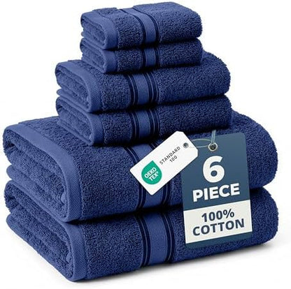 LANE LINEN Bath Towel Set 100% Cotton 6 Piece Soft Absorbent - Navy