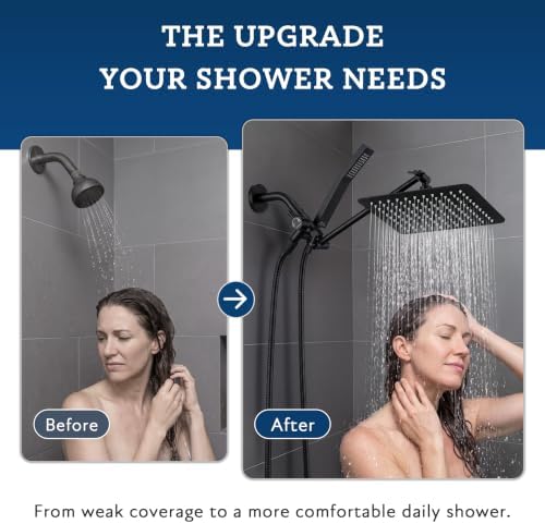 G-Promise All Metal 10" Dual Square Shower Head Combo | Rain Shower Head | Handheld Shower Wand | Adjustable | 3-Way Diverter | 71" Extra Long Hose - A Bathroom Upgrade (Matte Black)