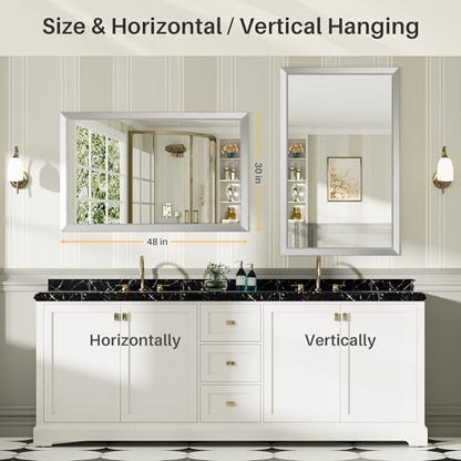 Briivue Bathroom Wall Mirror, Silver Brushed Nickel Metal Frame, 48x30 Inch