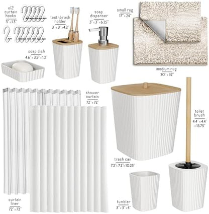 Clara Clark Bathroom Accessories Set - Bathroom Set, Bathroom Sets with Shower Curtain and Rugs, Shower Curtain Set with Bathroom Trash Can - Ombre White - 22PC
