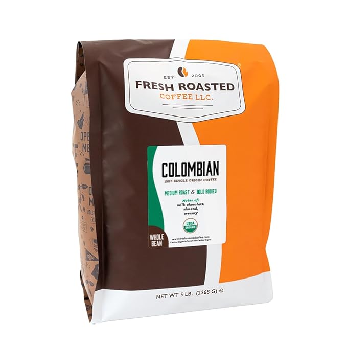 Fresh Roasted Coffee, Organic Colombian Whole Bean Coffee, Medium Roast, USDA Organic, 100% Single Origin, Kosher, 5 lb (80 oz)