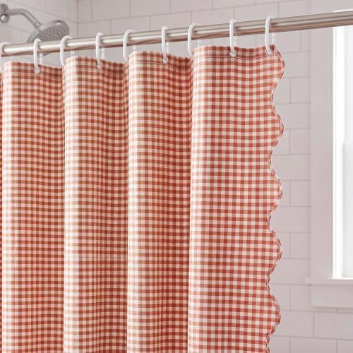 HunnmingRe Scalloped Gingham Shower Curtain Orange