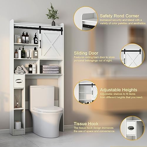 Vabches Over The Toilet Storage Cabinet with Sliding Barn Door. White