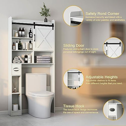 Vabches Over The Toilet Storage Cabinet with Sliding Barn Door. White
