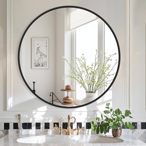 Delma 30 Inch Black Round Circle Mirror for Bathroom Wall, Metal Frame