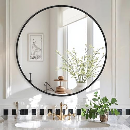 Delma 30 Inch Black Round Circle Mirror for Bathroom Wall, Metal Frame