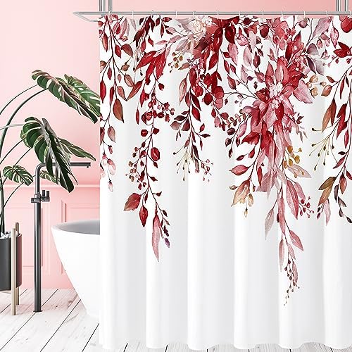 Gibelle Burgundy Eucalyptus Shower Curtain, Watercolor Floral Print, 72x78