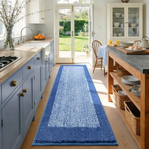 70x24 Long Bathroom Rugs Non Slip Washable, Soft Absorbent Bath Mat Blue